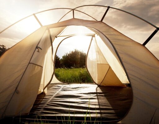 Tent at sunset with doors open