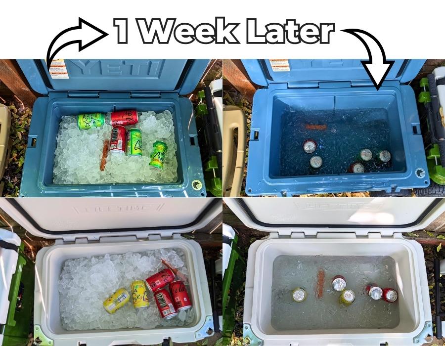Before and after photos of two coolers with wheels in a grid showing lots of ice in them on the left and very little ice left on the right after one week