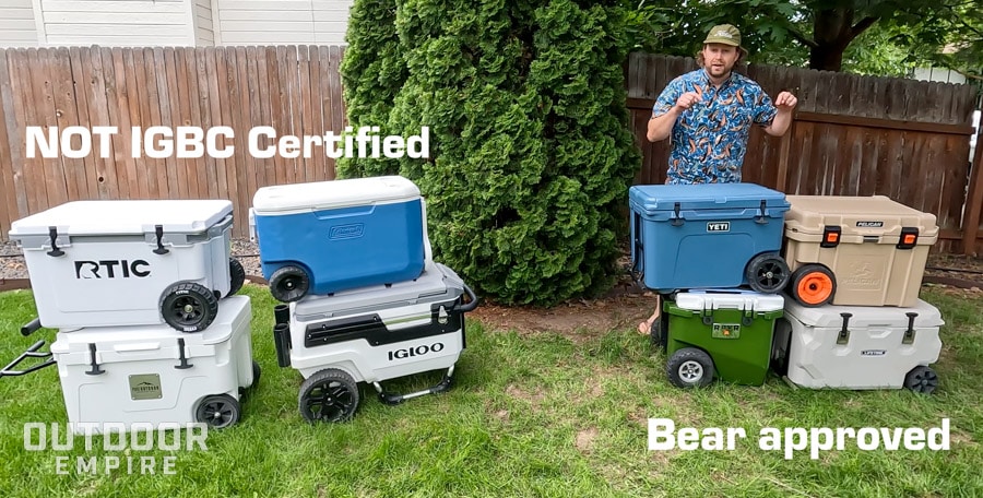 Stack of coolers on the left that are not igbc bear certified and stack of coolers on right that are bear approved