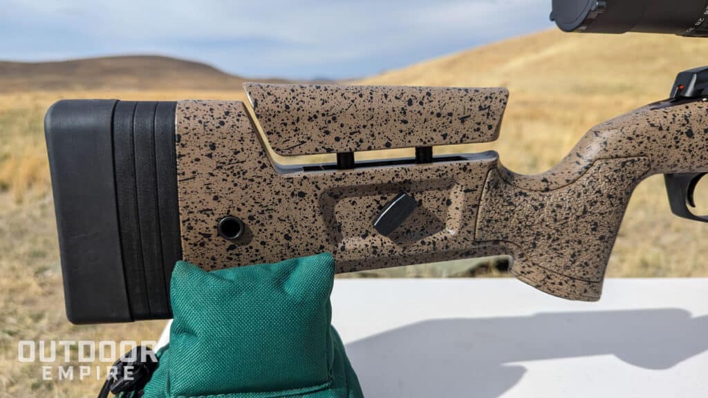 Close up of adjustable butt stock of bergara b-14 hmr long range. 308 rifle