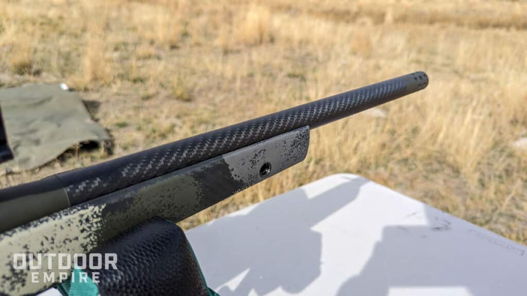 Close up of carbon wrapped barrel on springfield 2020 waypoint. 308 rifle