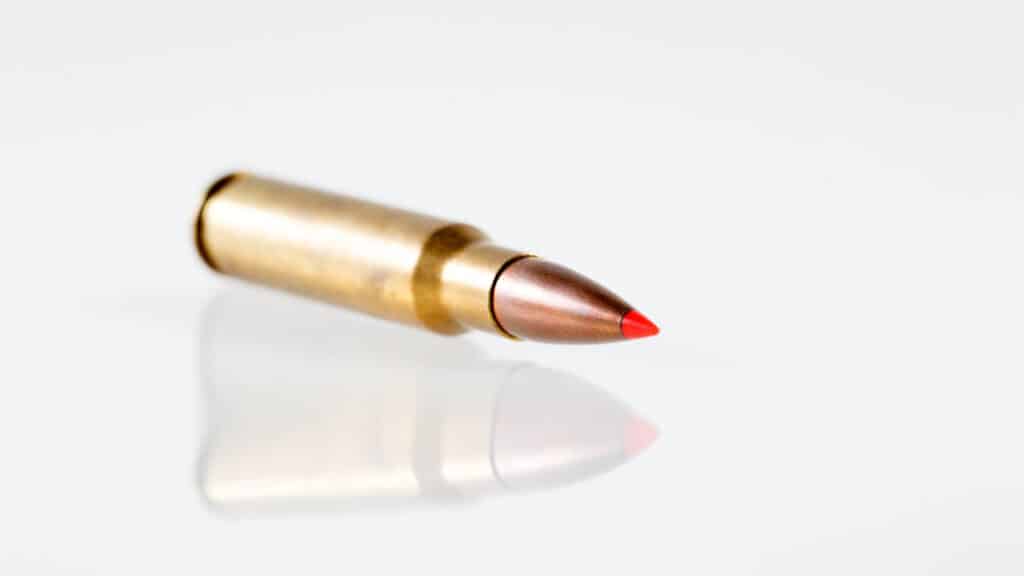 Close up of. 308 winchester cartridge with plastic tip bullet