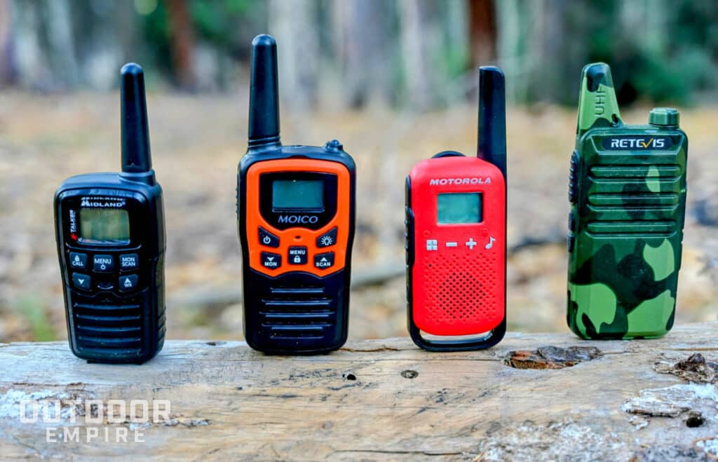 Best cheap walkie talkies lined up on a log