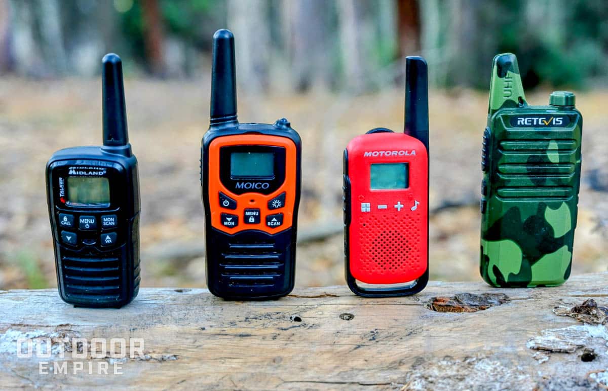 Best cheap walkie talkies lined up on a log