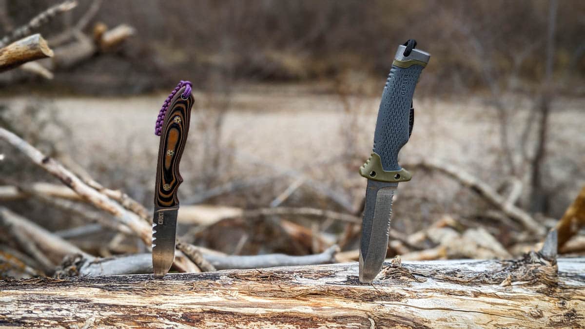 Two knives stuck into a downed log