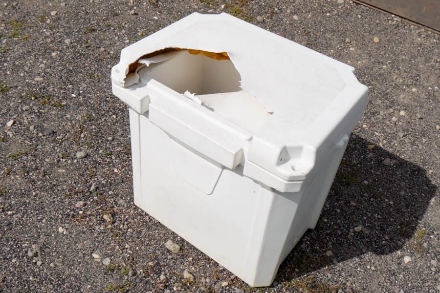 a cooler with a hole in the lid after failing IGBC bear test