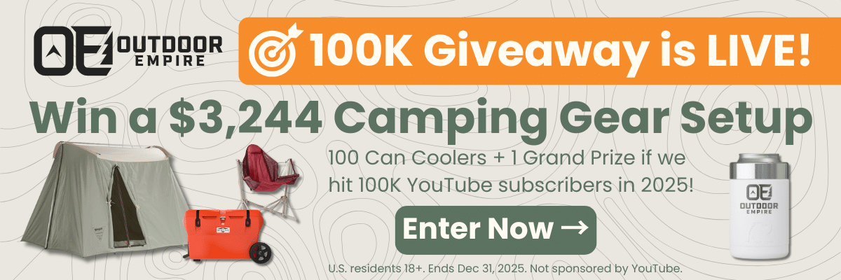 100k giveaway graphic with camping gear and text